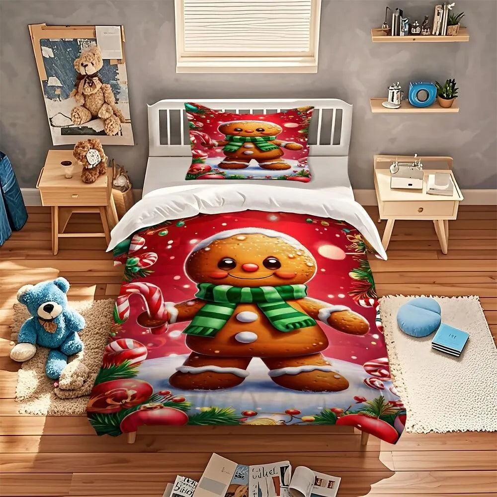 Christmas Gingerbread Man Candy Cane Christmas Gift Duvet Cover Set Kids Bedding Set