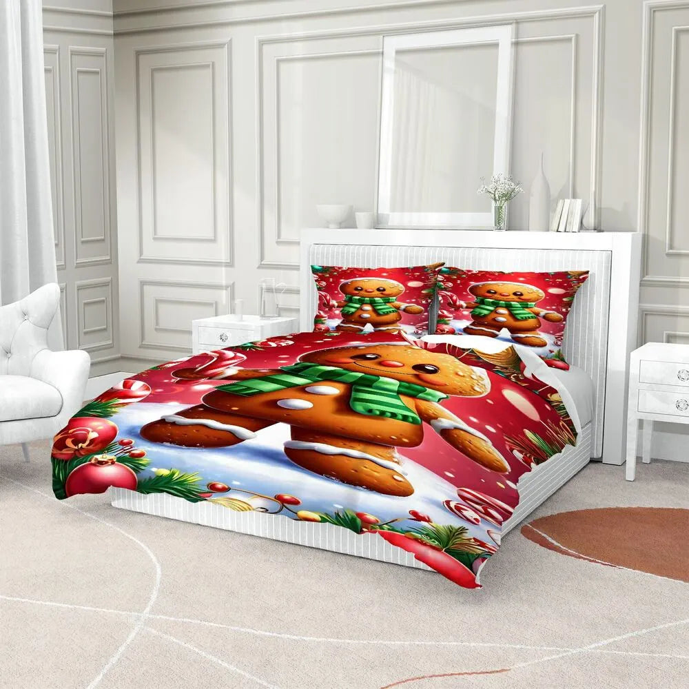 Christmas Gingerbread Man Candy Cane Christmas Gift Duvet Cover Set Kids Bedding Set