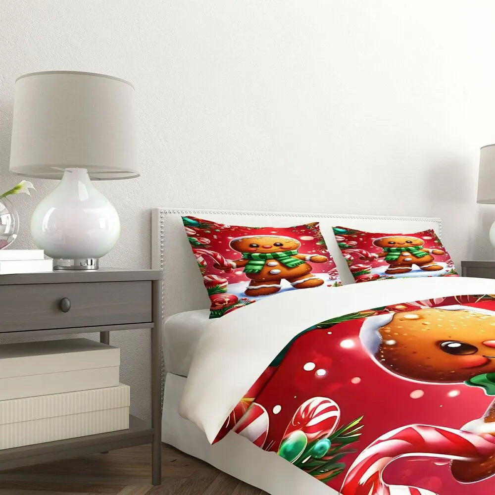 Christmas Gingerbread Man Candy Cane Christmas Gift Duvet Cover Set Kids Bedding Set
