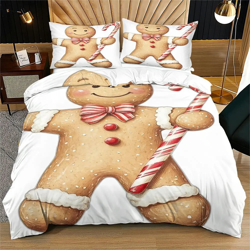 Christmas Gingerbread Man Candy Cane White Christmas Gift Duvet Cover Set Kids Bedding Set