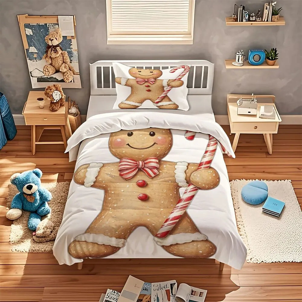 Christmas Gingerbread Man Candy Cane White Christmas Gift Duvet Cover Set Kids Bedding Set