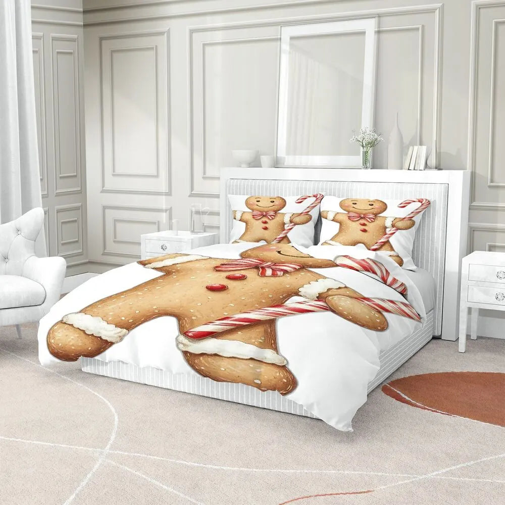 Christmas Gingerbread Man Candy Cane White Christmas Gift Duvet Cover Set Kids Bedding Set