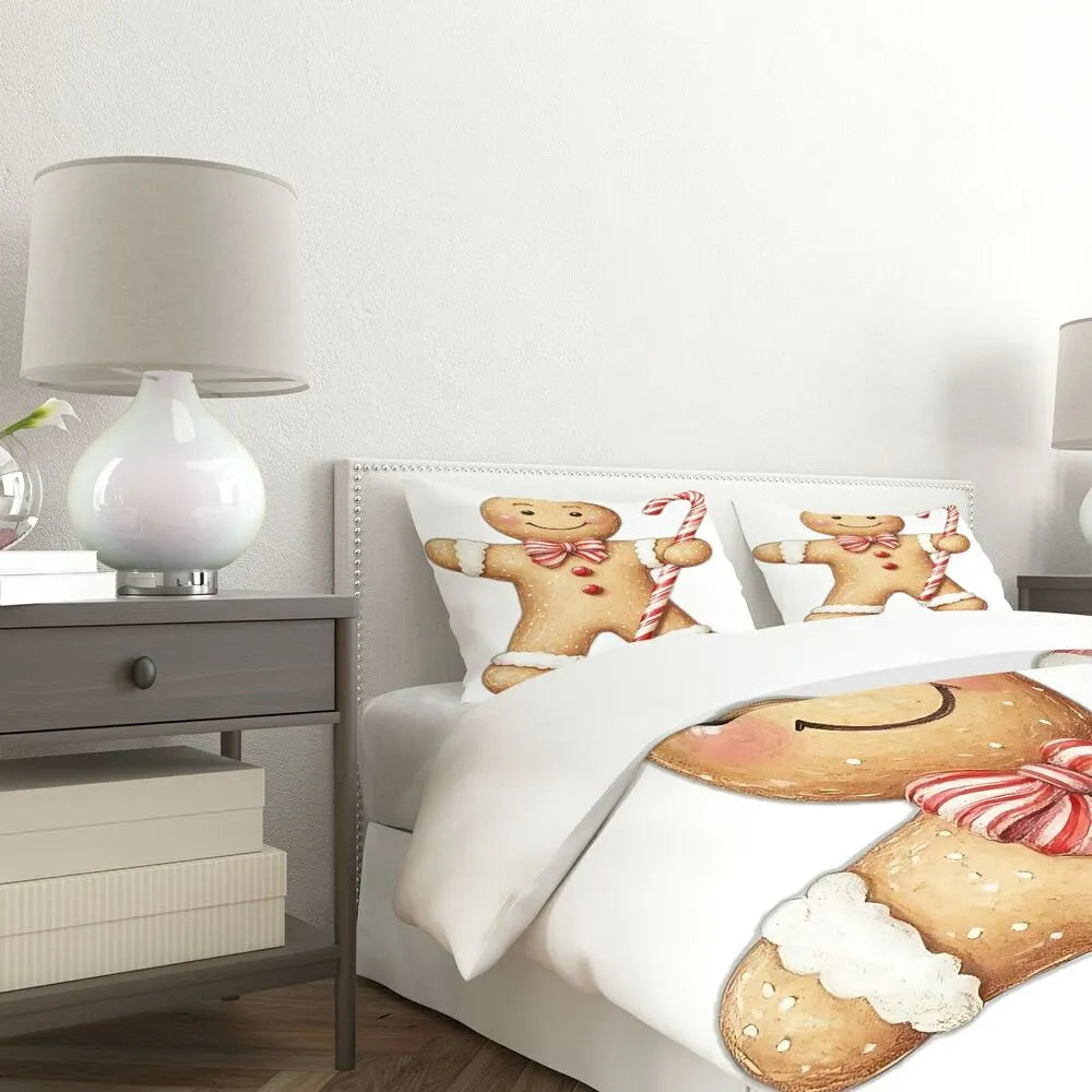 Christmas Gingerbread Man Candy Cane White Christmas Gift Duvet Cover Set Kids Bedding Set