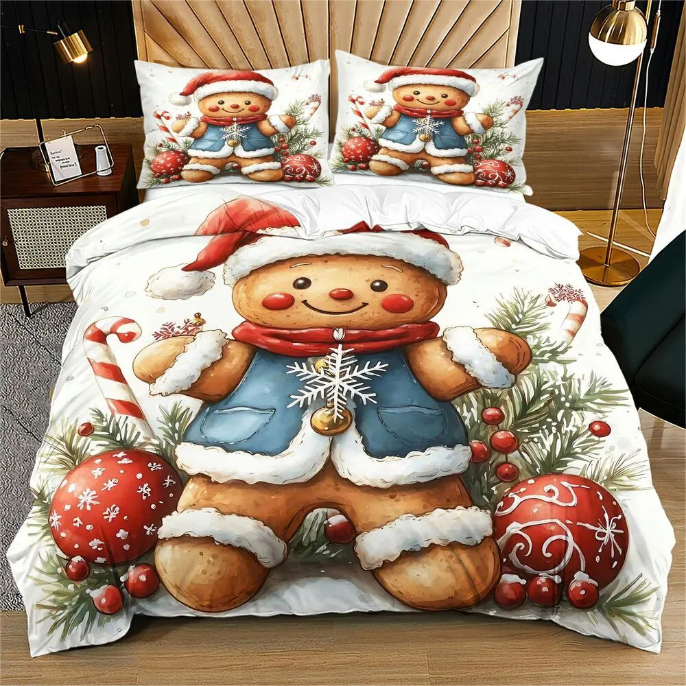 Christmas Gingerbread Man Santa Hat Christmas Gift Duvet Cover Set Kids Bedding Set