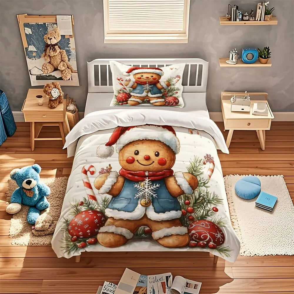 Christmas Gingerbread Man Santa Hat Christmas Gift Duvet Cover Set Kids Bedding Set