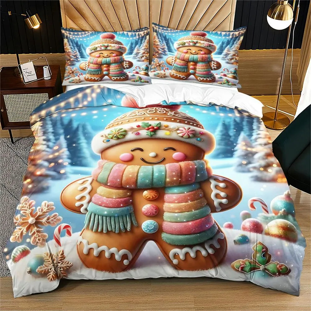 Christmas Gingerbread Man Snowy Scene Christmas Gift Duvet Cover Set Kids Bedding Set