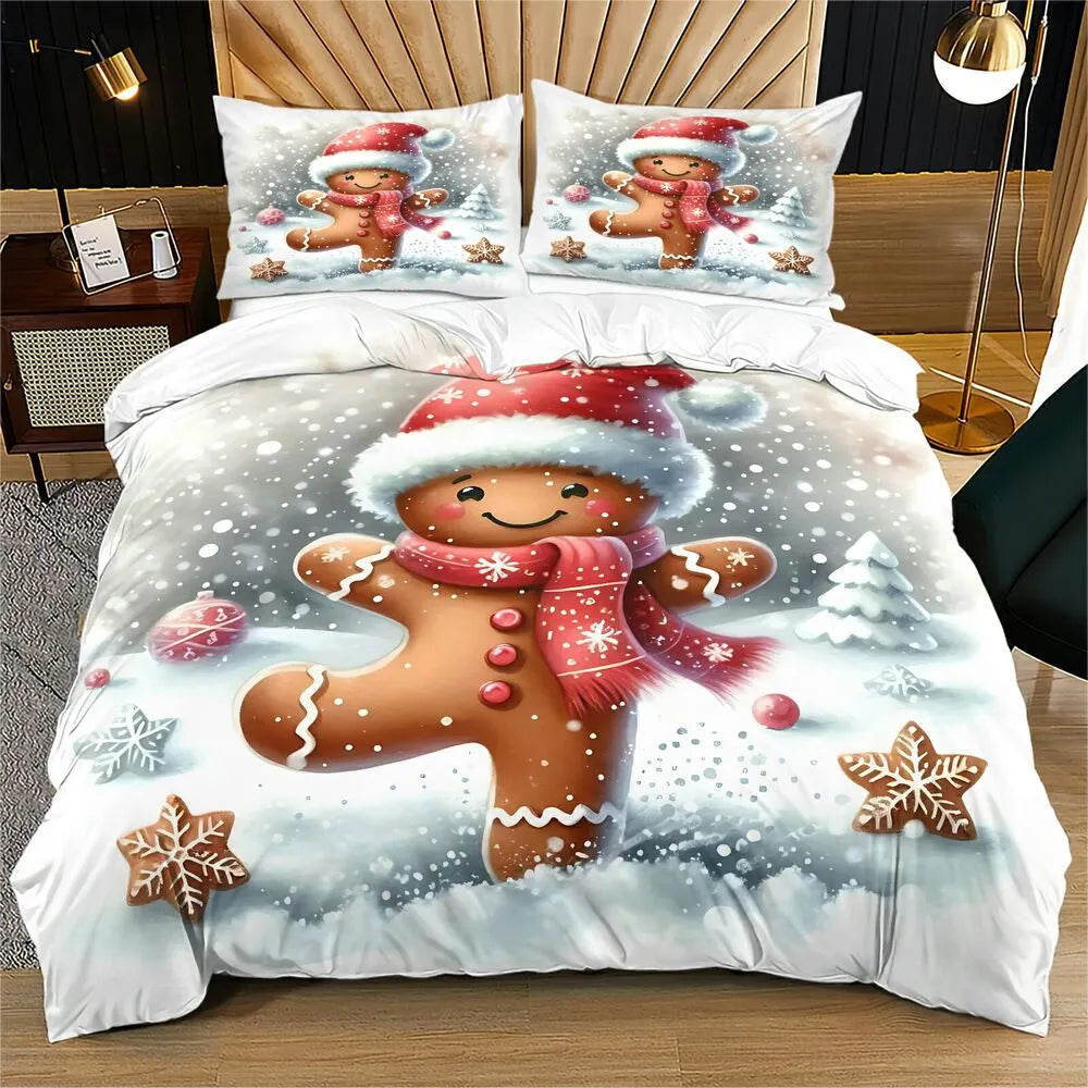 Christmas Gingerbread Man Snowy Scene Christmas Gift Duvet Cover Set Kids Bedding Set