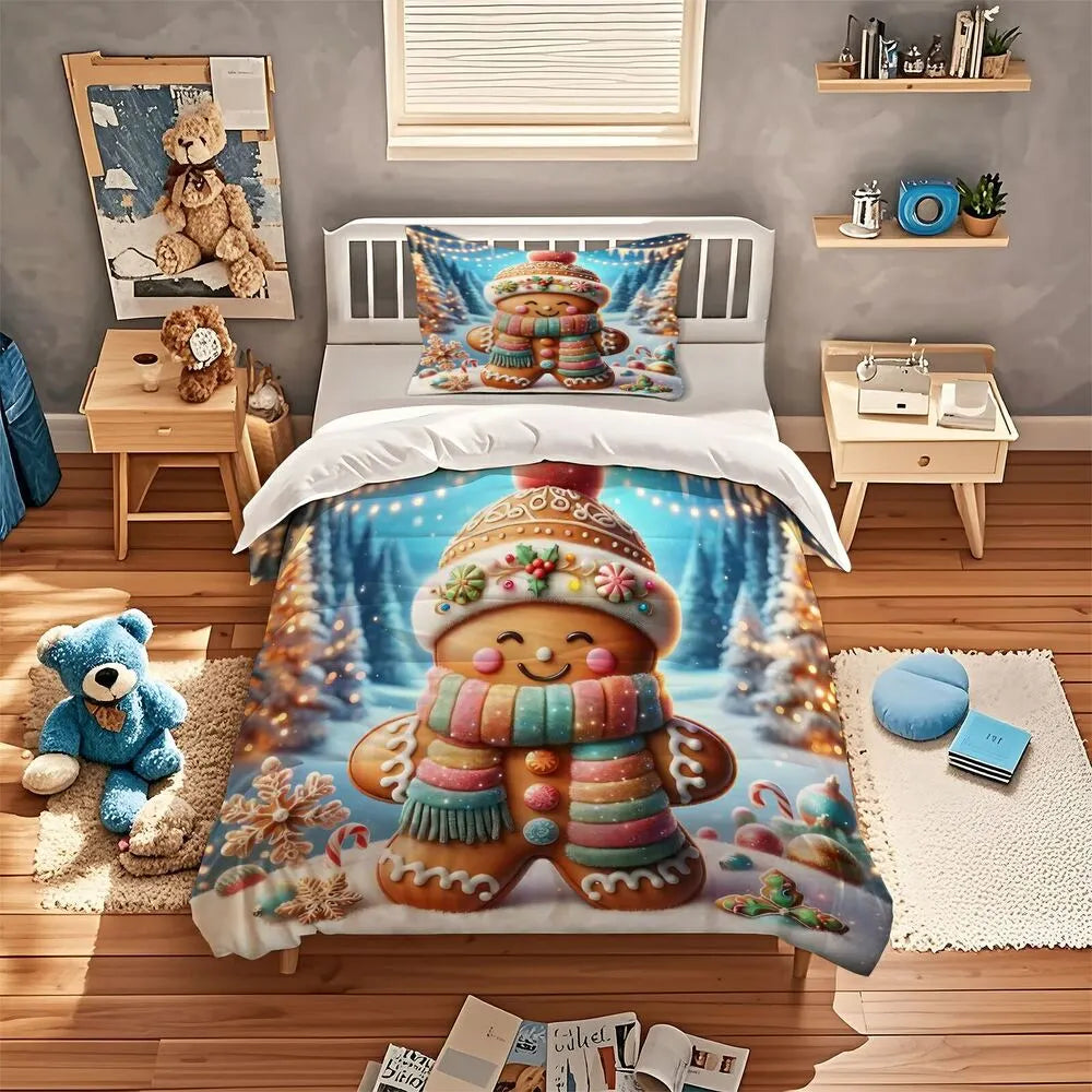 Christmas Gingerbread Man Snowy Scene Christmas Gift Duvet Cover Set Kids Bedding Set