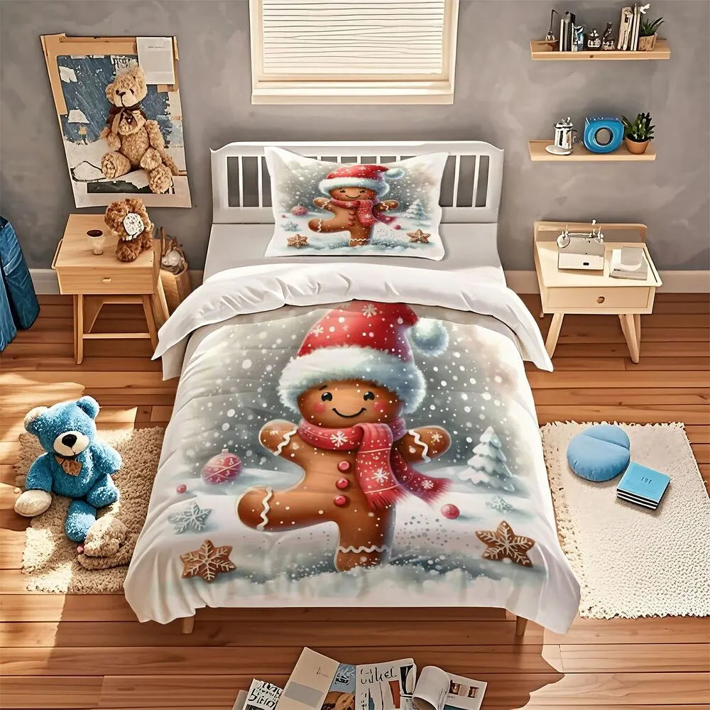 Christmas Gingerbread Man Snowy Scene Christmas Gift Duvet Cover Set Kids Bedding Set