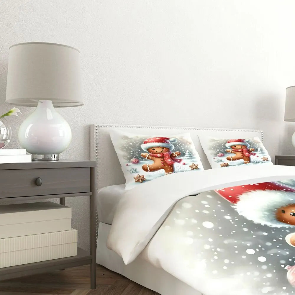 Christmas Gingerbread Man Snowy Scene Christmas Gift Duvet Cover Set Kids Bedding Set