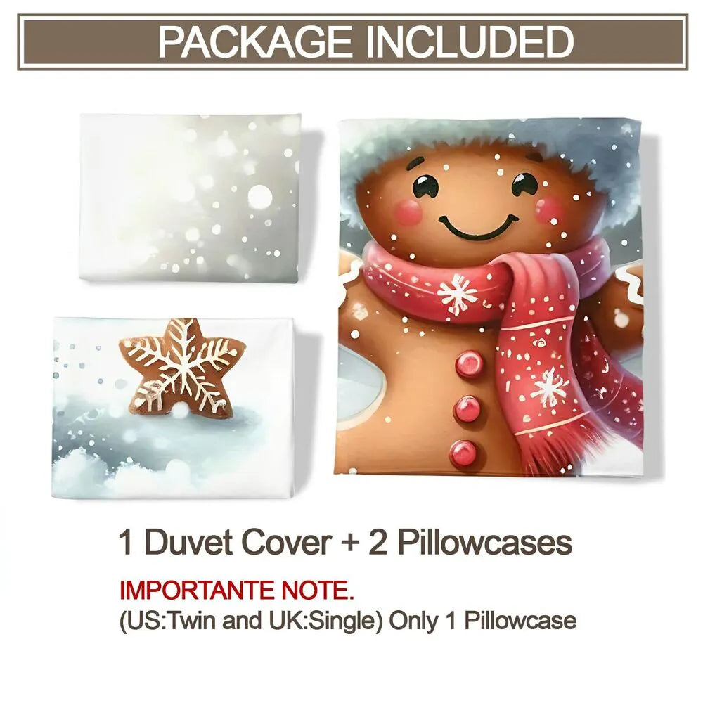 Christmas Gingerbread Man Snowy Scene Christmas Gift Duvet Cover Set Kids Bedding Set
