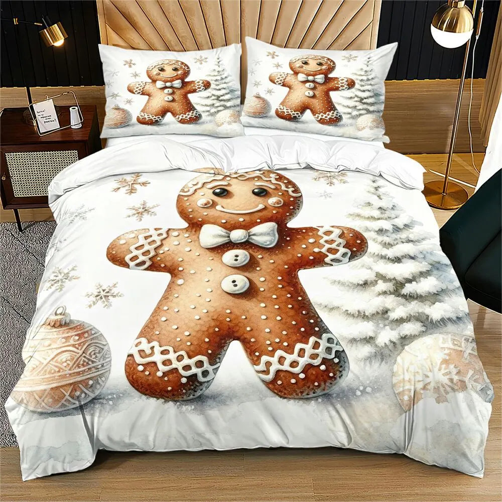 Christmas Gingerbread Man Snowy Scene White Christmas Gift Duvet Cover Set Kids Bedding Set
