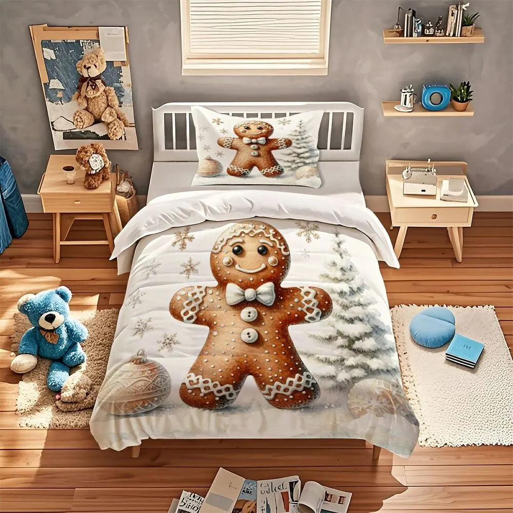 Christmas Gingerbread Man Snowy Scene White Christmas Gift Duvet Cover Set Kids Bedding Set
