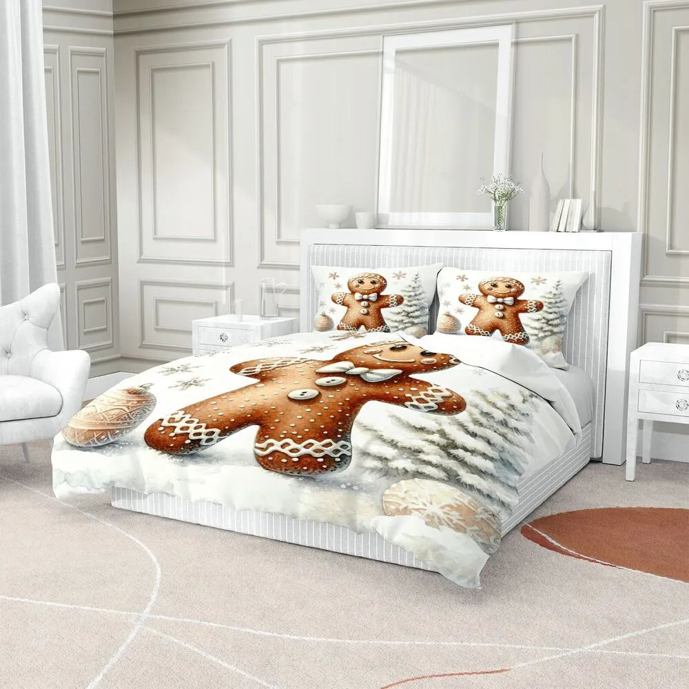 Christmas Gingerbread Man Snowy Scene White Christmas Gift Duvet Cover Set Kids Bedding Set