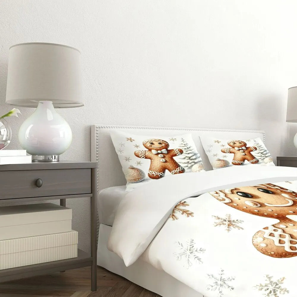 Christmas Gingerbread Man Snowy Scene White Christmas Gift Duvet Cover Set Kids Bedding Set