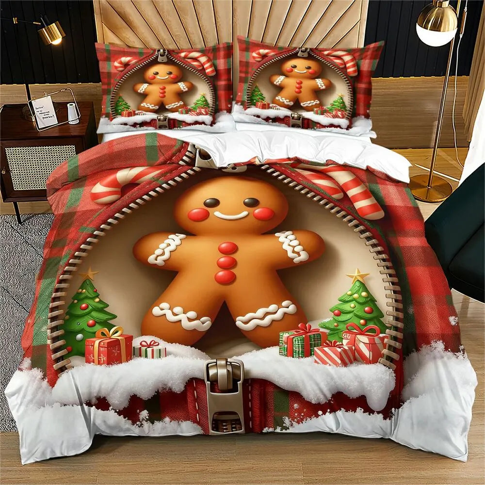Christmas Gingerbread Man Zipper Plaid Christmas Gift Duvet Cover Set Kids Bedding Se