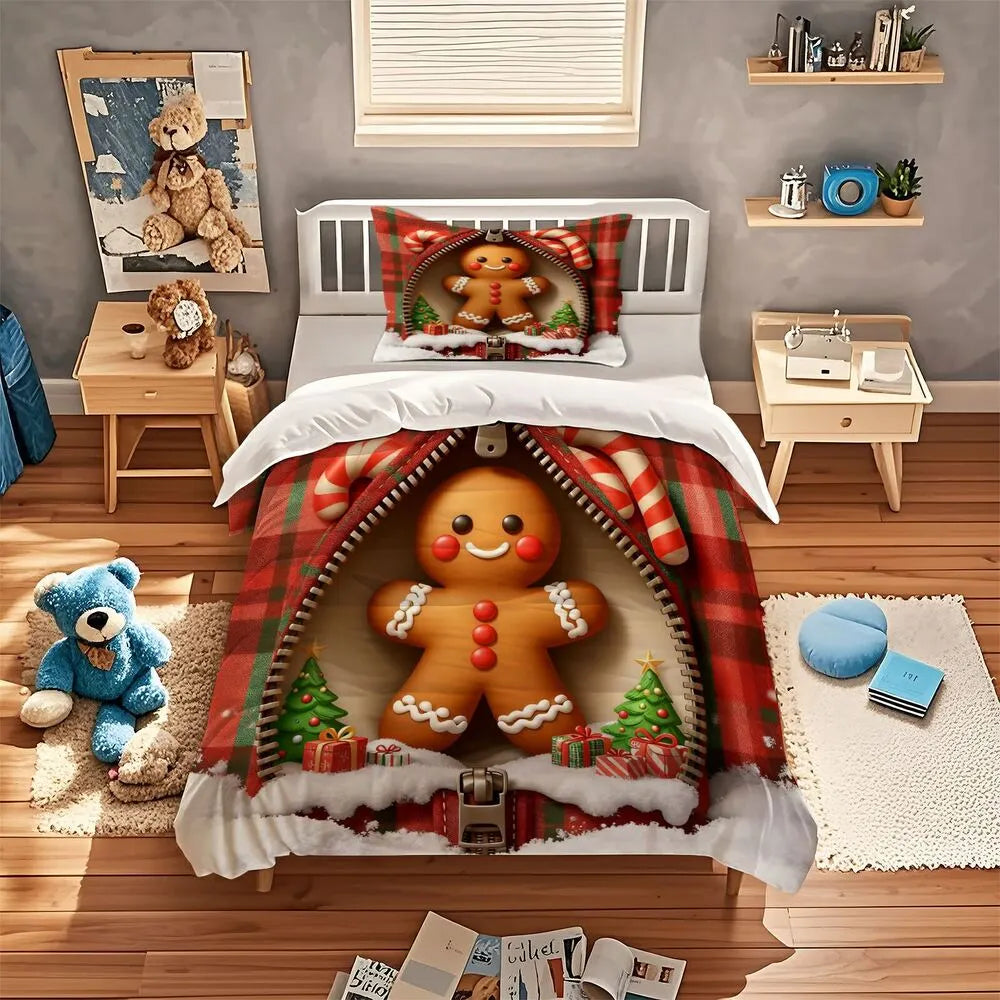 Christmas Gingerbread Man Zipper Plaid Christmas Gift Duvet Cover Set Kids Bedding Se