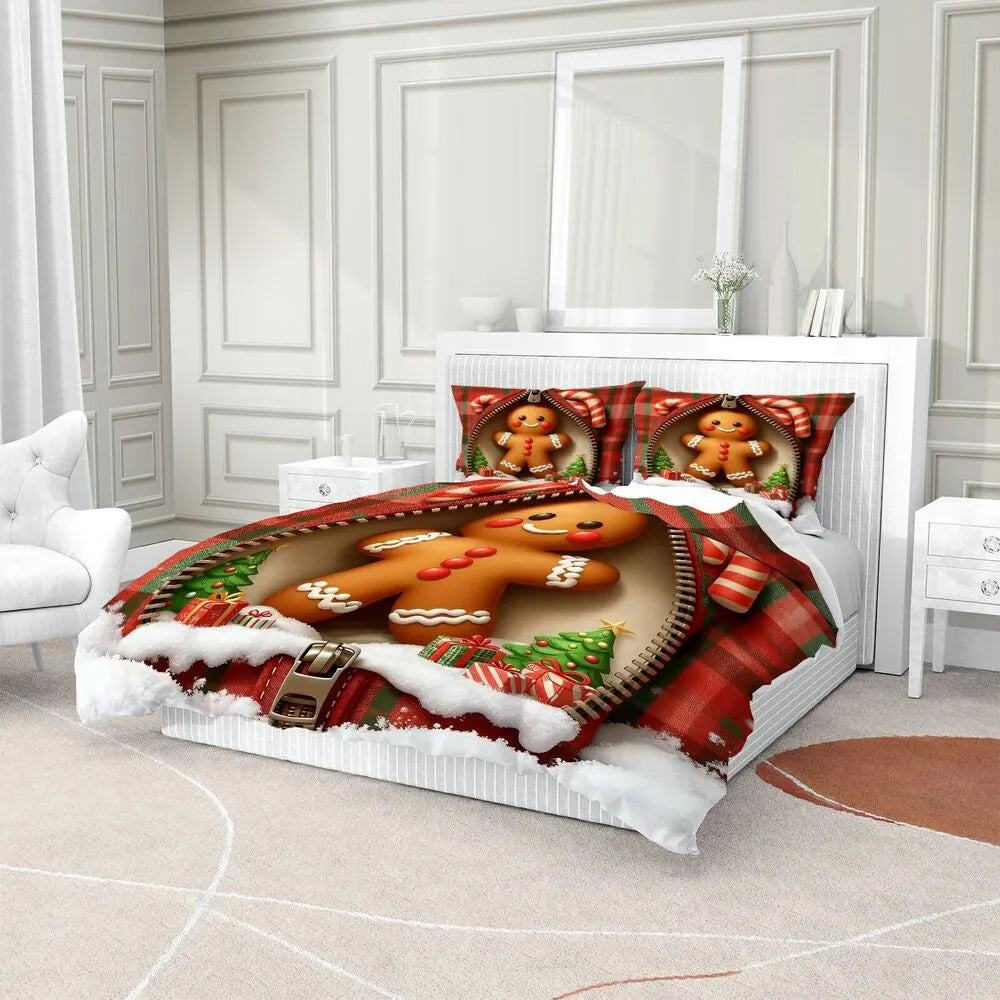 Christmas Gingerbread Man Zipper Plaid Christmas Gift Duvet Cover Set Kids Bedding Se