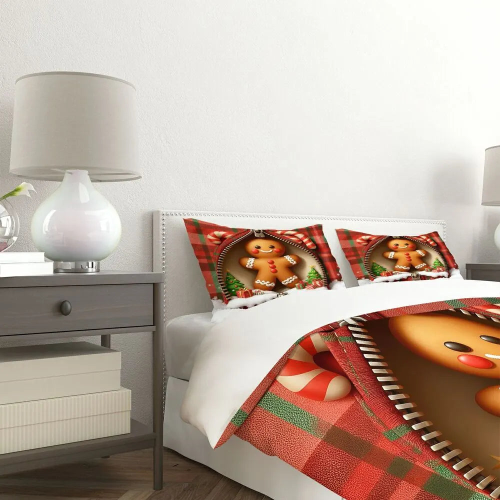 Christmas Gingerbread Man Zipper Plaid Christmas Gift Duvet Cover Set Kids Bedding Se