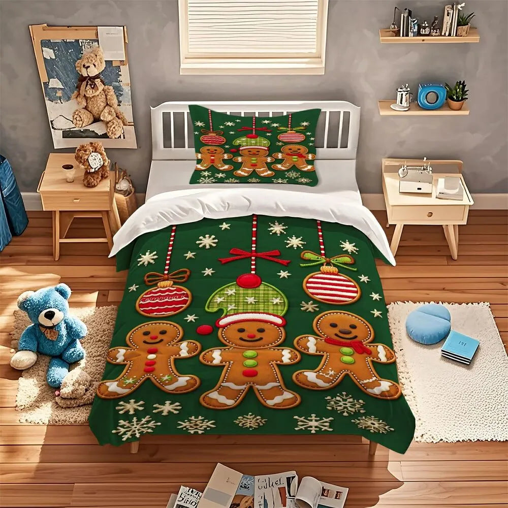 Christmas Gingerbread Men Snowflakes Ornaments Christmas Gift Duvet Cover Set Kids Bedding Set