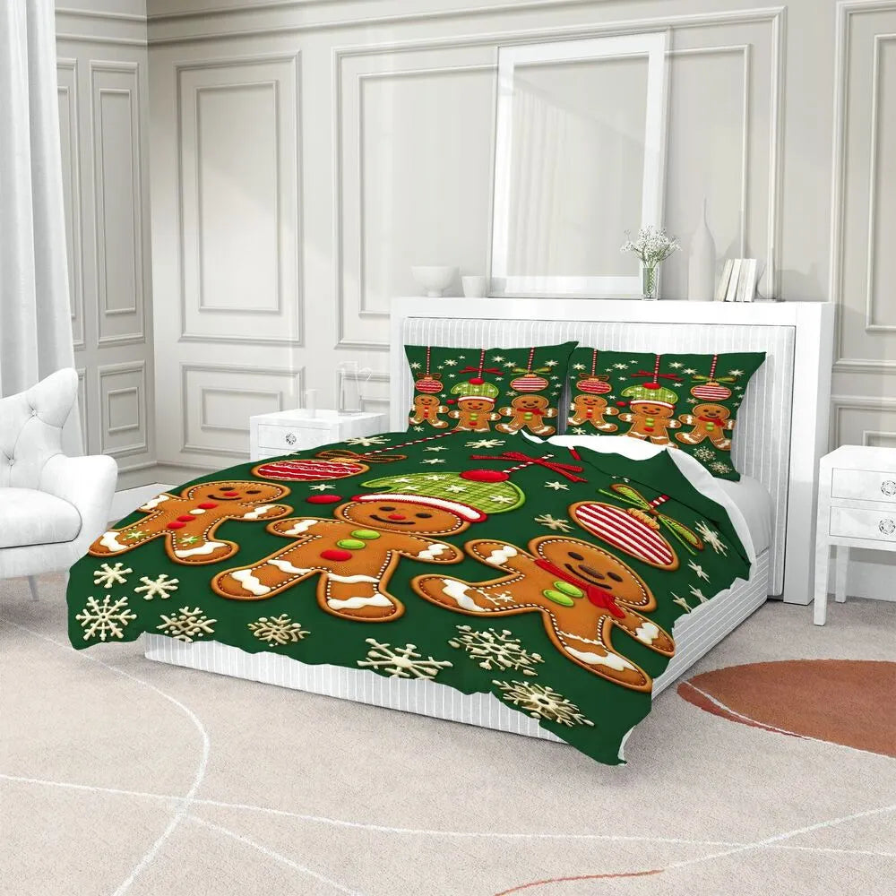 Christmas Gingerbread Men Snowflakes Ornaments Christmas Gift Duvet Cover Set Kids Bedding Set