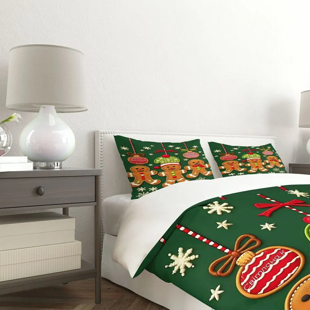 Christmas Gingerbread Men Snowflakes Ornaments Christmas Gift Duvet Cover Set Kids Bedding Set