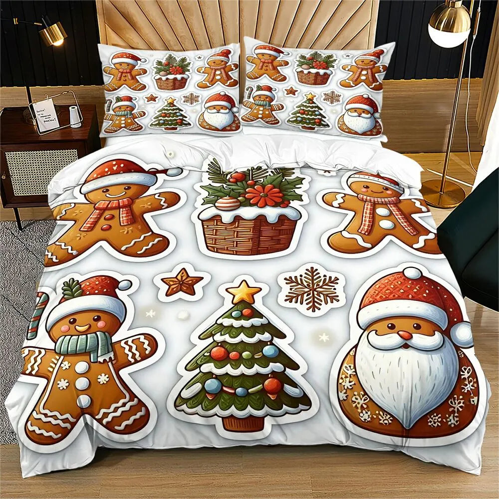 Christmas Gingerbread Santa And Tree Christmas Gift Duvet Cover Set Kids Bedding Set