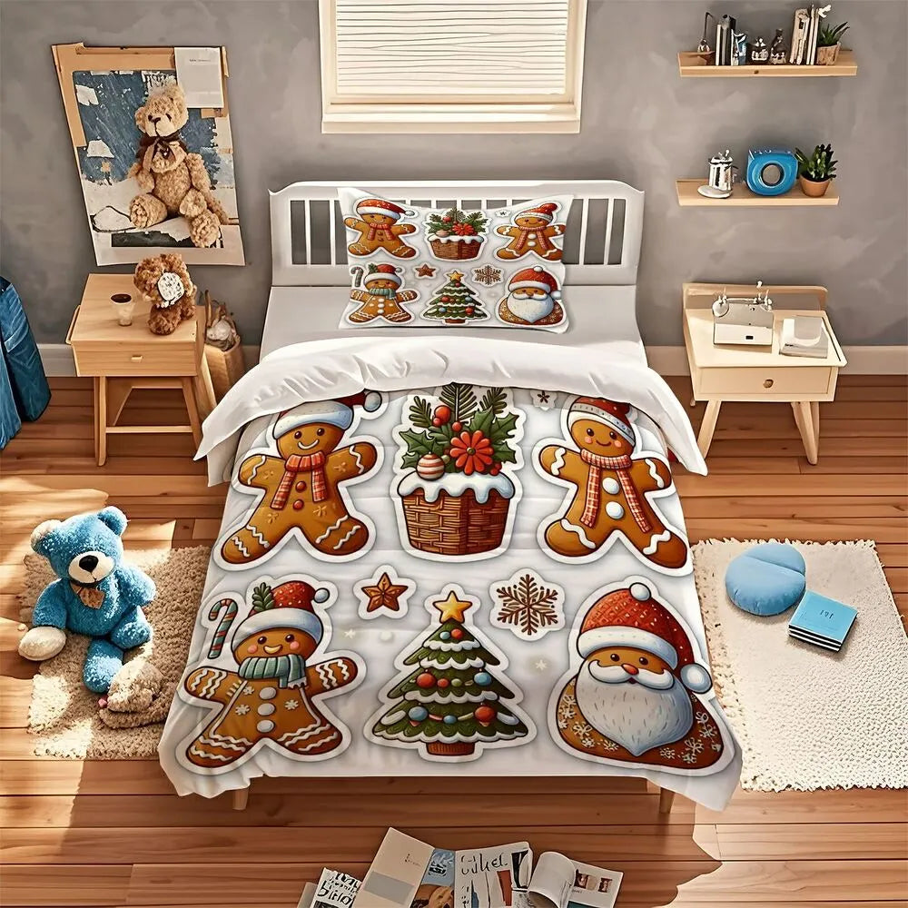Christmas Gingerbread Santa And Tree Christmas Gift Duvet Cover Set Kids Bedding Set