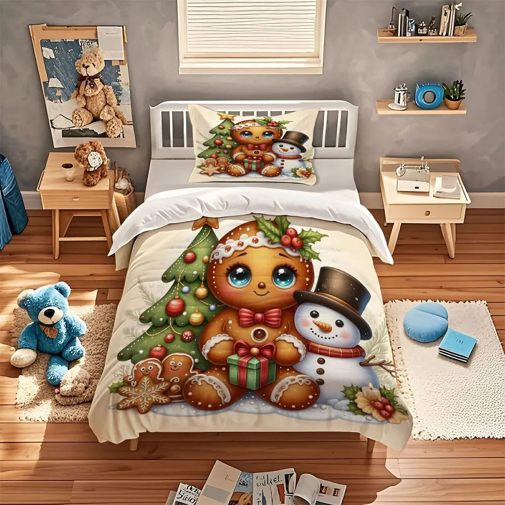 Christmas Gingerbread Snowman Christmas Gift Duvet Cover Set Kids Bedding Set