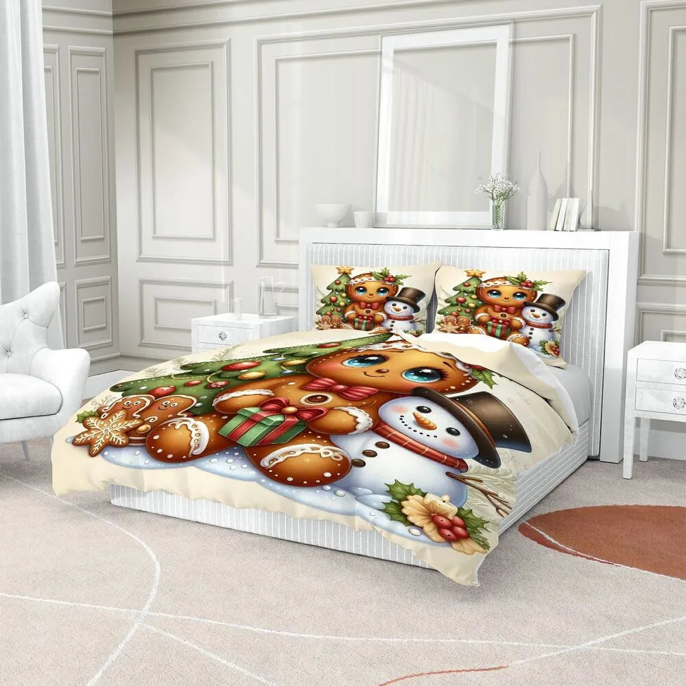 Christmas Gingerbread Snowman Christmas Gift Duvet Cover Set Kids Bedding Set