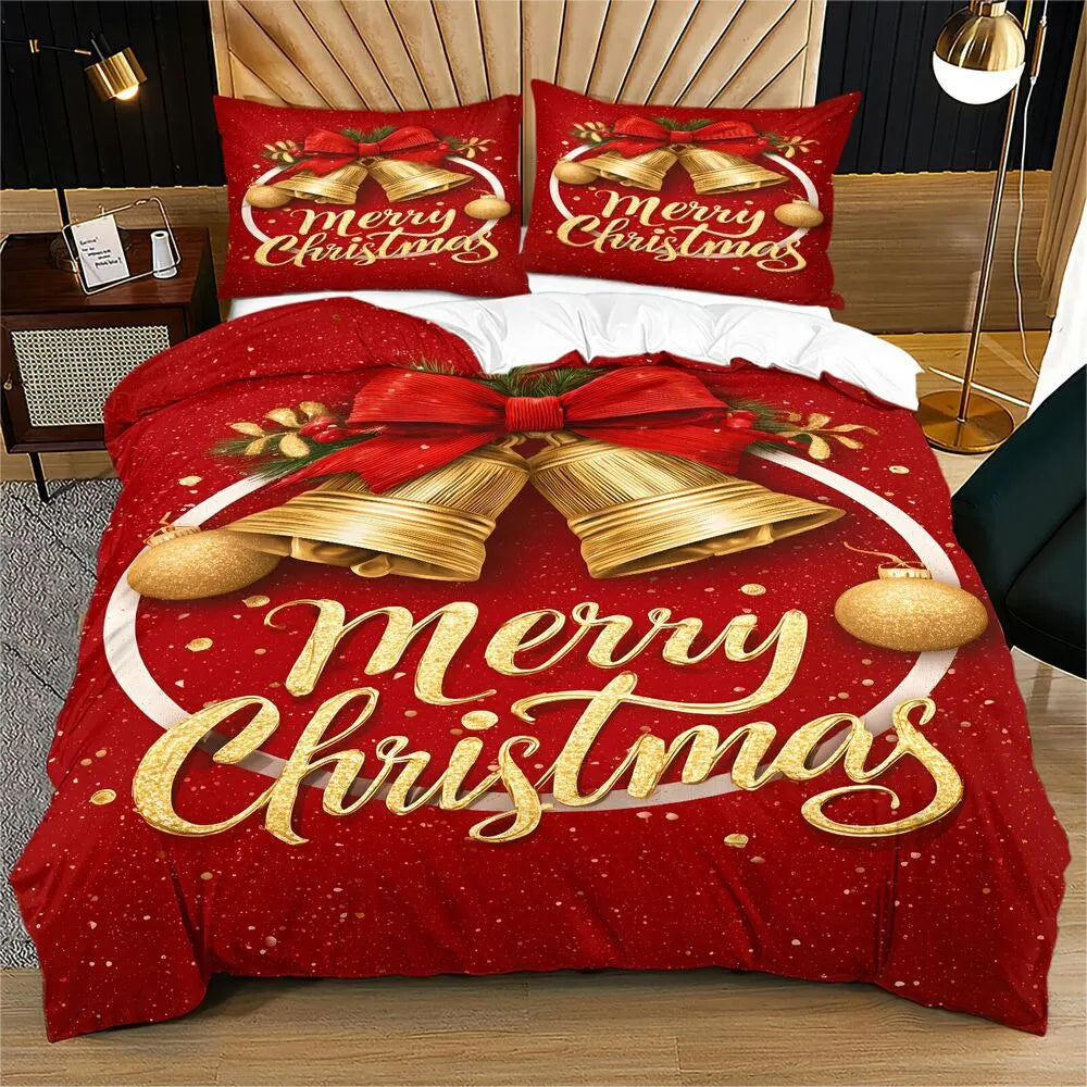 Christmas Glitter Golden Bells Merry Christmas Red Christmas Gift Duvet Cover Set Kids Bedding Set