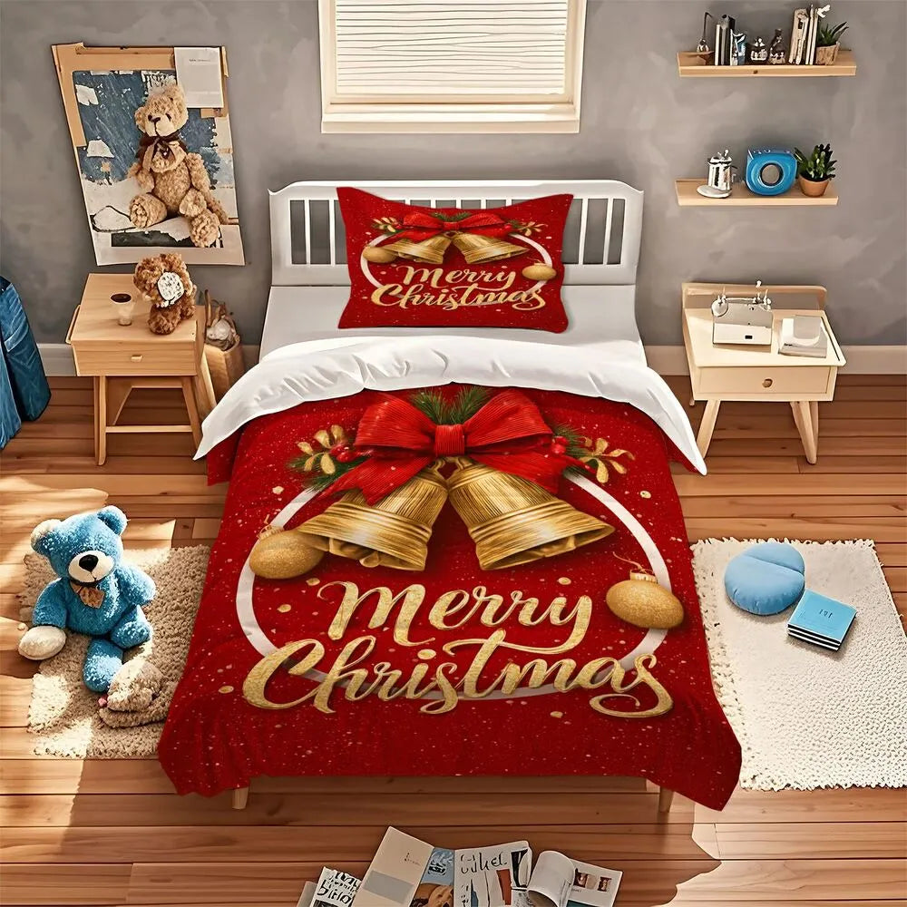 Christmas Glitter Golden Bells Merry Christmas Red Christmas Gift Duvet Cover Set Kids Bedding Set