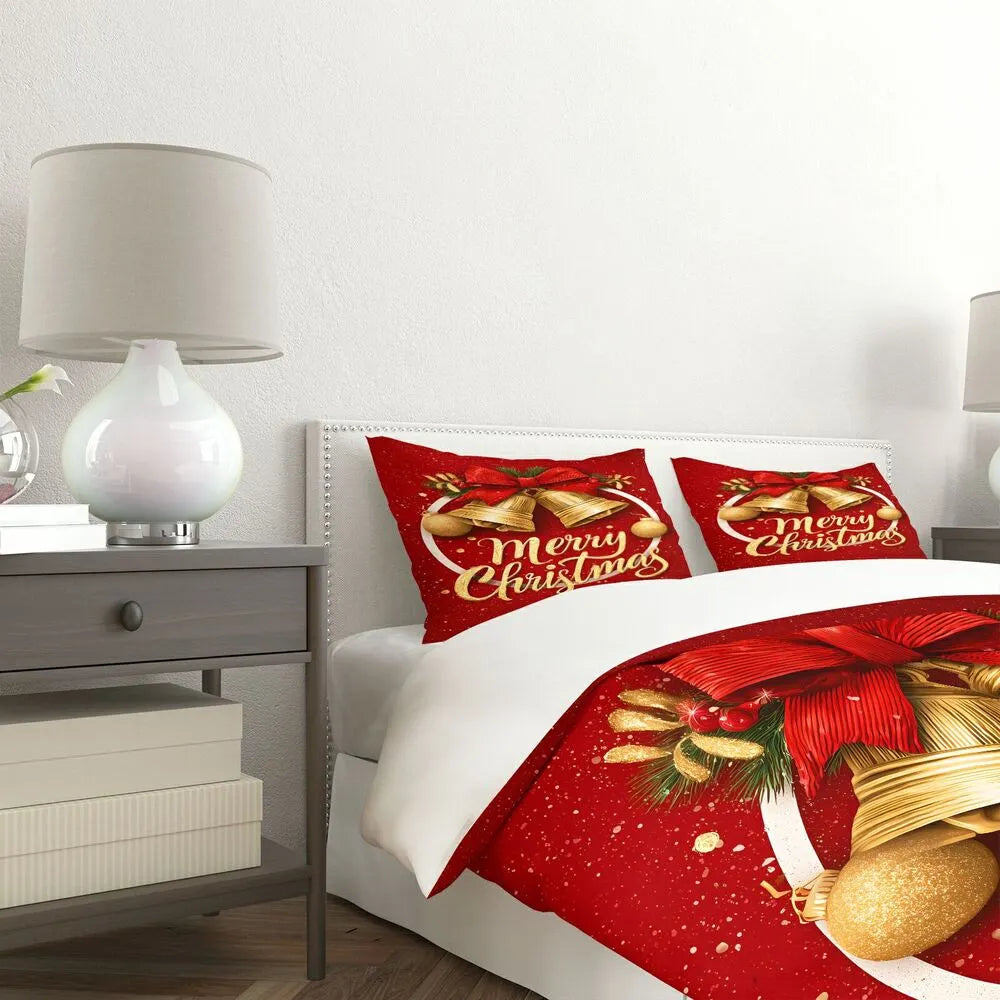 Christmas Glitter Golden Bells Merry Christmas Red Christmas Gift Duvet Cover Set Kids Bedding Set