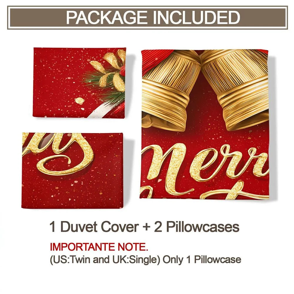 Christmas Glitter Golden Bells Merry Christmas Red Christmas Gift Duvet Cover Set Kids Bedding Set