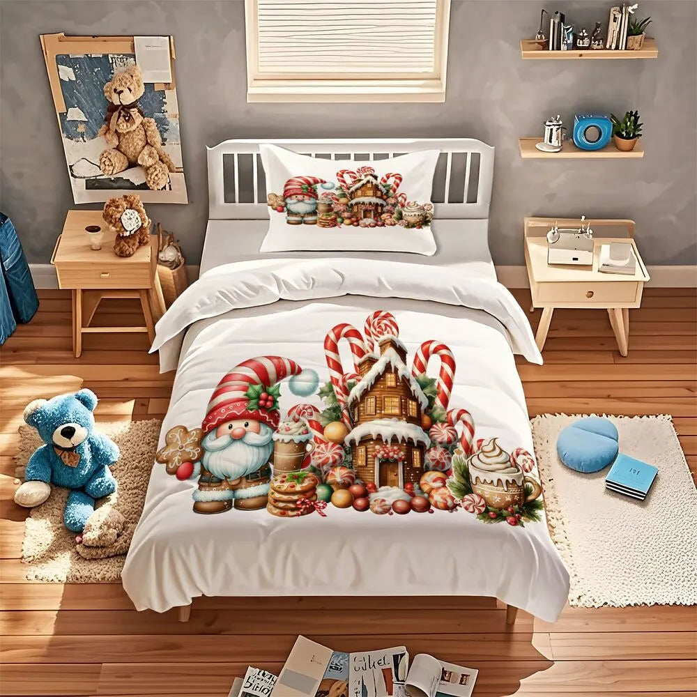 Christmas Gnome Candy House Christmas Gift Duvet Cover Set Kids Bedding Set