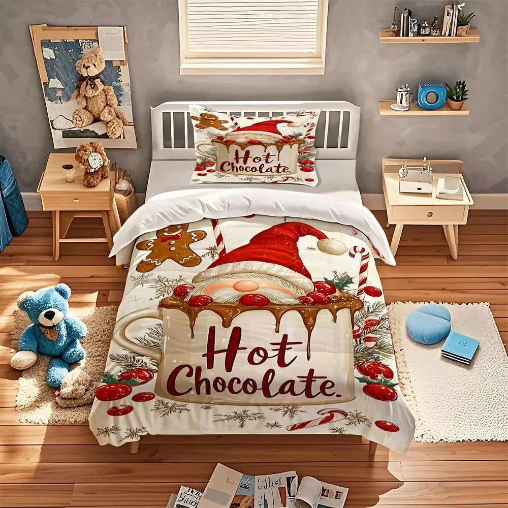 Christmas Gnome Hot Chocolate Christmas Gift Duvet Cover Set Kids Bedding Set