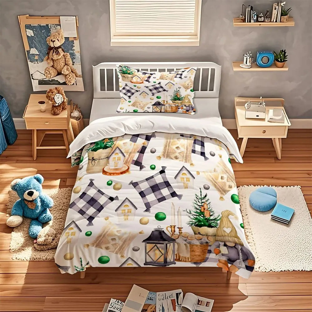 Christmas Gnome Plaid Christmas Gift Duvet Cover Set Kids Bedding Set