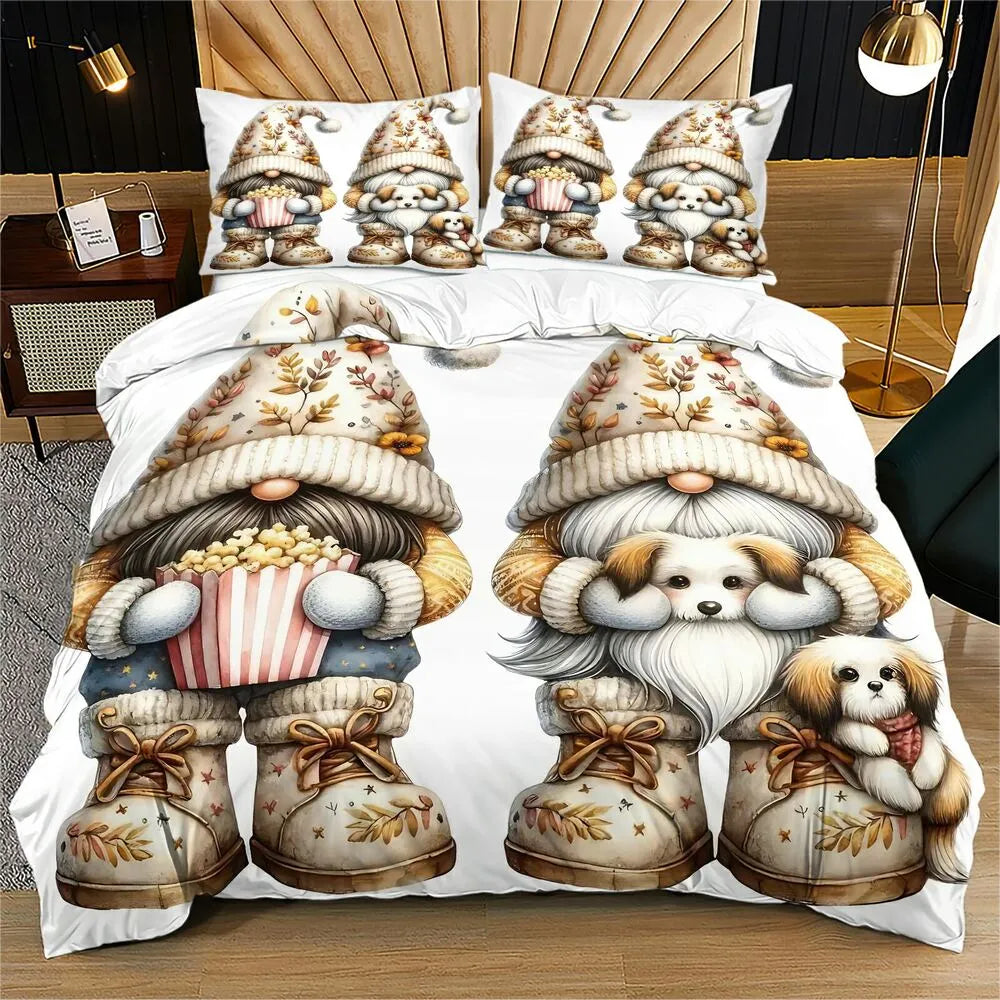 Christmas Gnomes With Puppy Christmas Gift Duvet Cover Set Kids Bedding Set