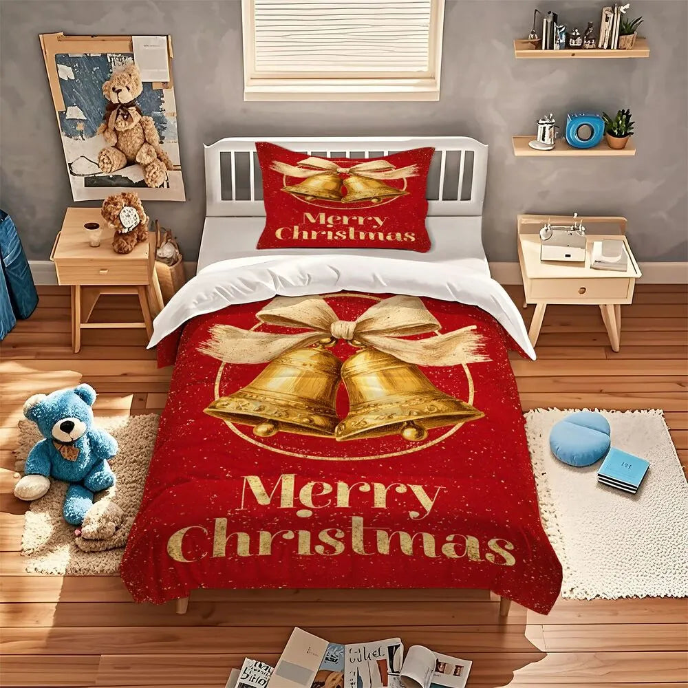 Christmas Golden Bells Merry Christmas Gift Duvet Cover Set Kids Bedding Set