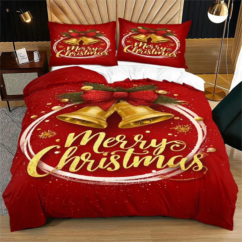 Christmas Golden Bells Merry Christmas Red Christmas Gift Duvet Cover Set Kids Bedding Set