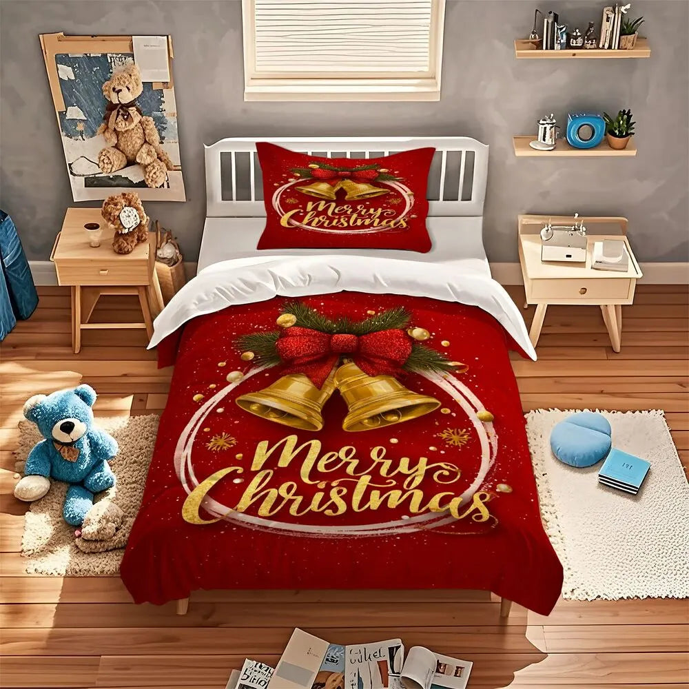 Christmas Golden Bells Merry Christmas Red Christmas Gift Duvet Cover Set Kids Bedding Set