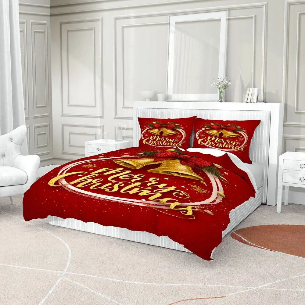 Christmas Golden Bells Merry Christmas Red Christmas Gift Duvet Cover Set Kids Bedding Set
