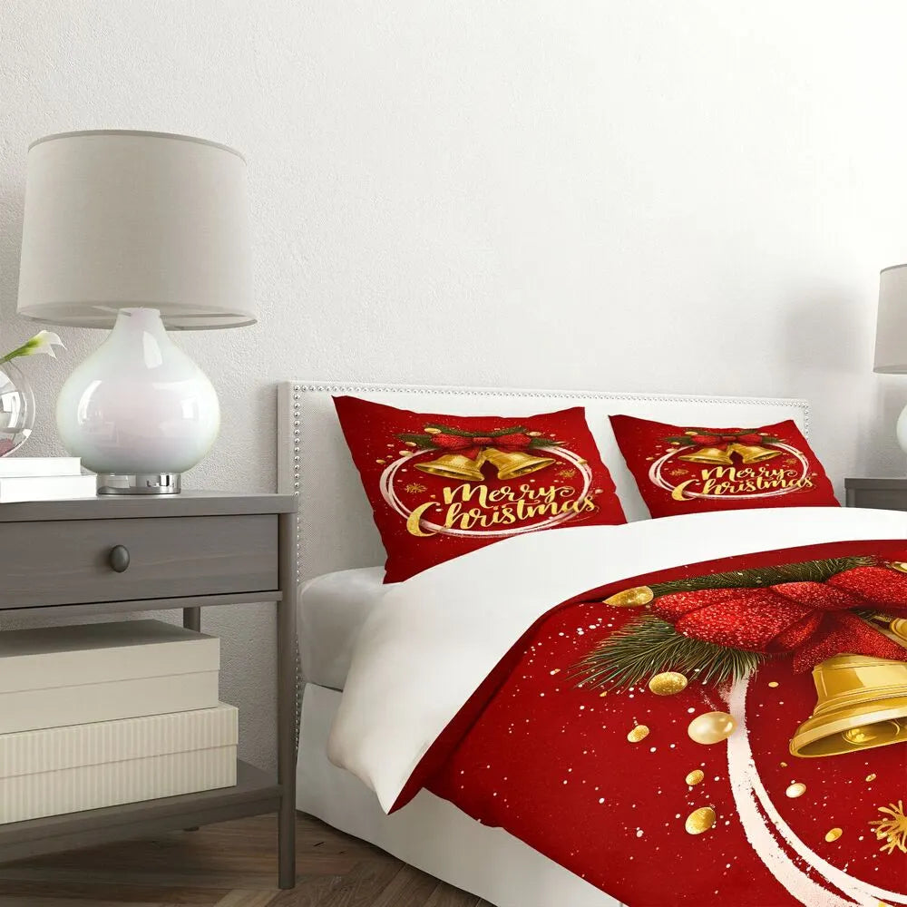 Christmas Golden Bells Merry Christmas Red Christmas Gift Duvet Cover Set Kids Bedding Set