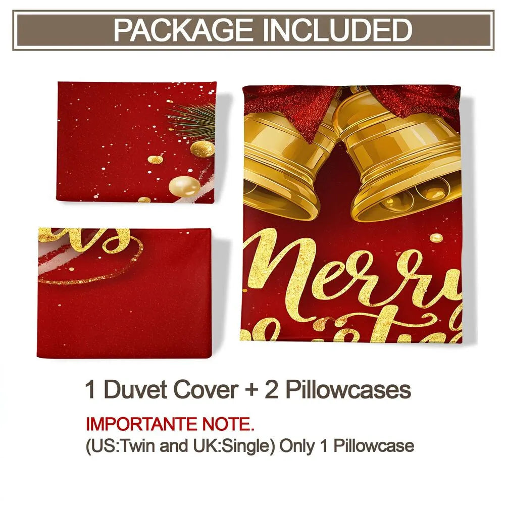 Christmas Golden Bells Merry Christmas Red Christmas Gift Duvet Cover Set Kids Bedding Set