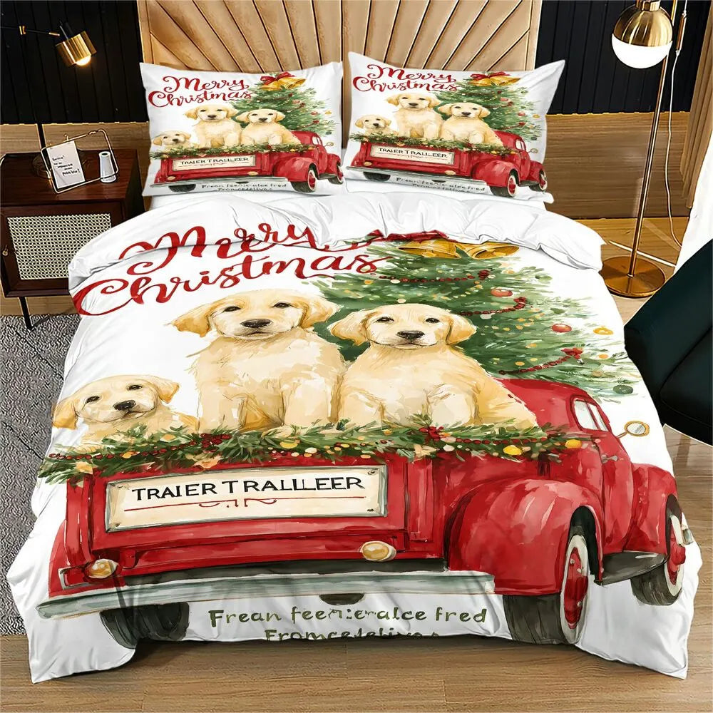 Christmas Golden Retriever Puppies Red Truck Christmas Gift Duvet Cover Set Kids Bedding Set