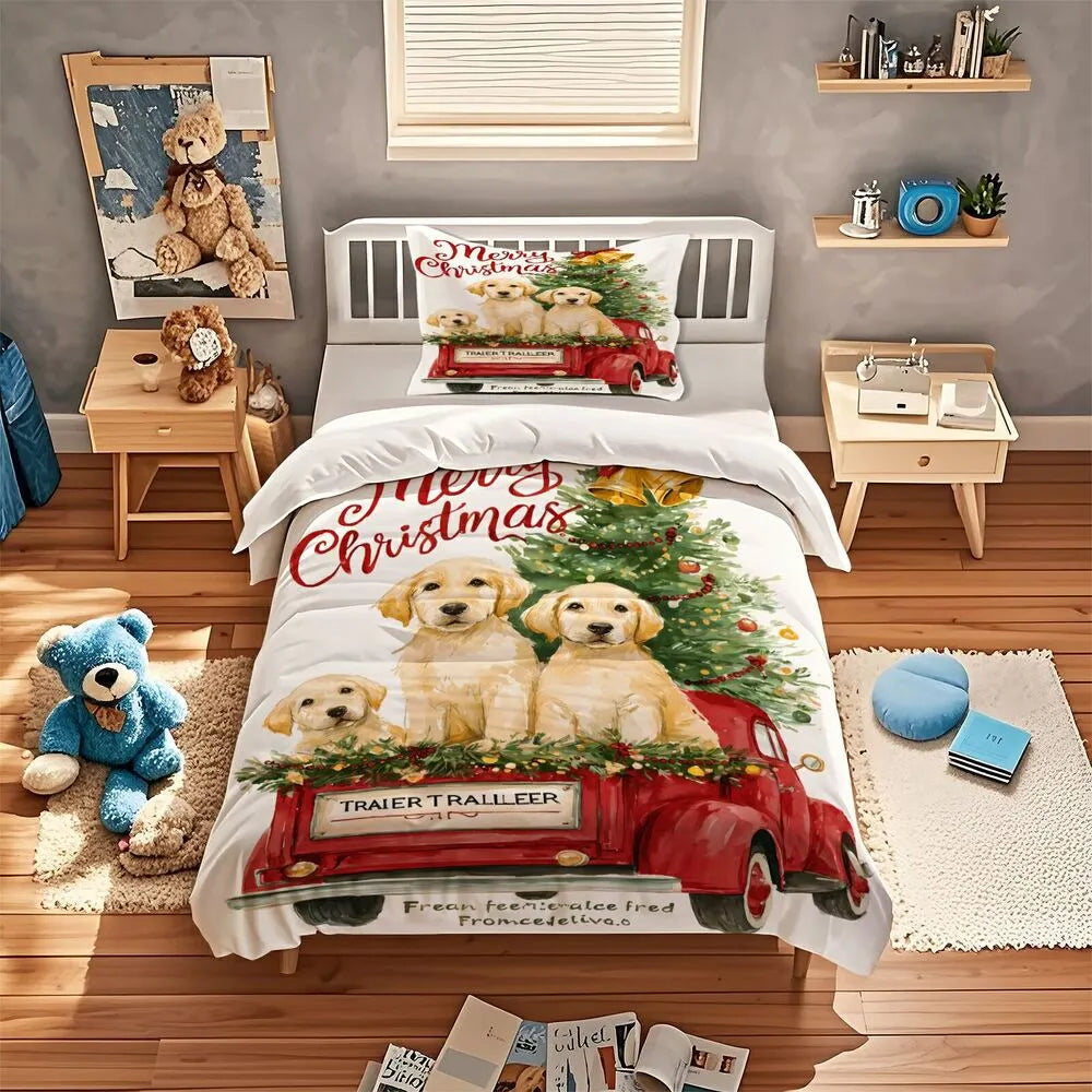 Christmas Golden Retriever Puppies Red Truck Christmas Gift Duvet Cover Set Kids Bedding Set