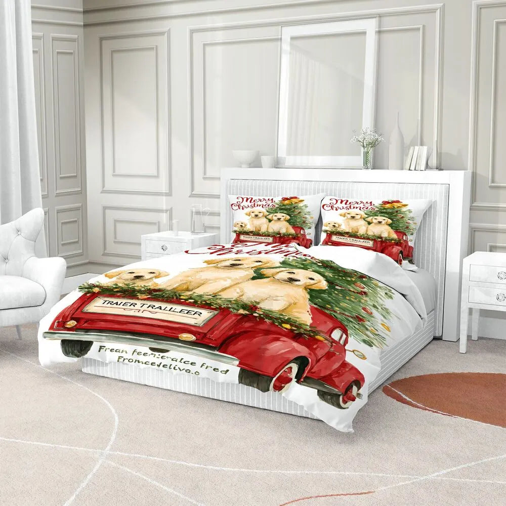 Christmas Golden Retriever Puppies Red Truck Christmas Gift Duvet Cover Set Kids Bedding Set