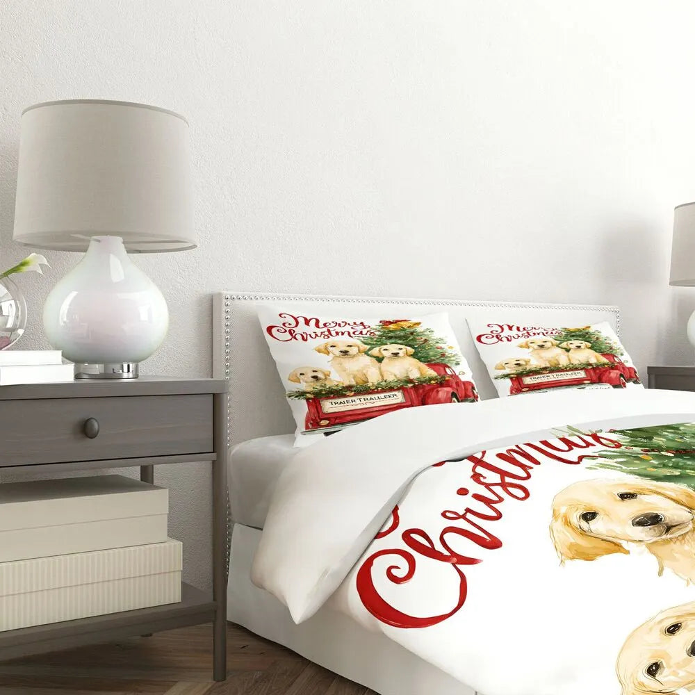 Christmas Golden Retriever Puppies Red Truck Christmas Gift Duvet Cover Set Kids Bedding Set