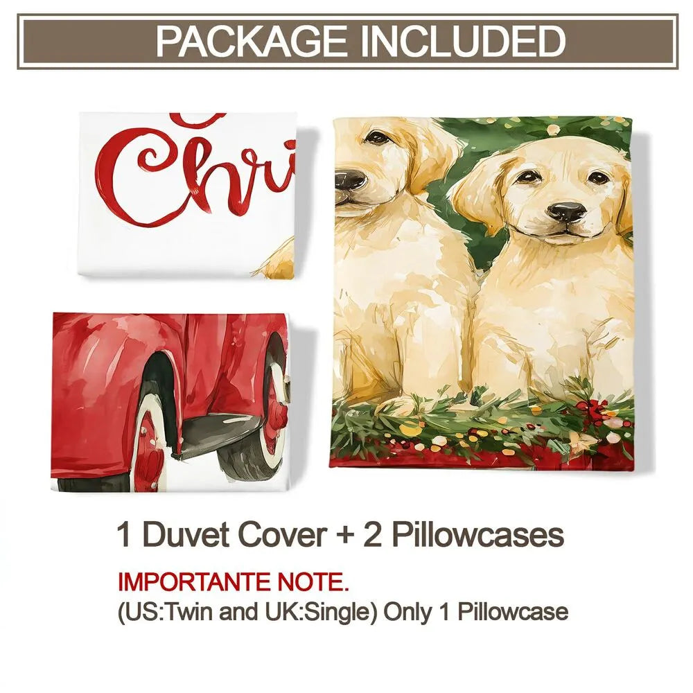 Christmas Golden Retriever Puppies Red Truck Christmas Gift Duvet Cover Set Kids Bedding Set