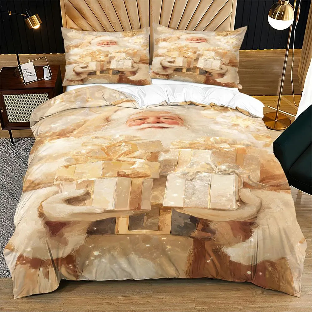 Christmas Golden Santa Gifts Beige Christmas Gift Duvet Cover Set Kids Bedding Set